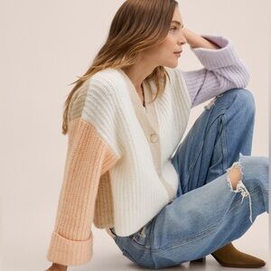 MANGO Colorblock Wool Blend Oversized Drop Shoulder Chunky Knit Sweater Size S